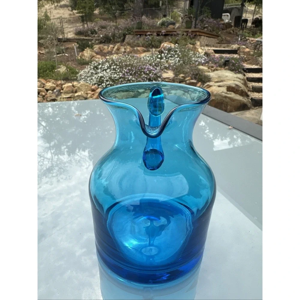 Blenko Vintage Handblown Art Glass Pitcher in Aqua Blue 5.5